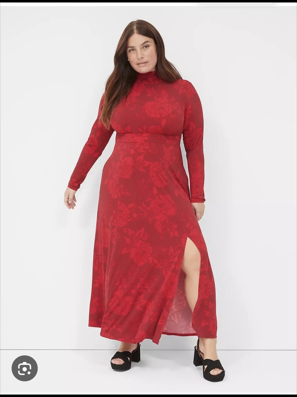 Lane Bryant Red Floral Long-Sleeve Maxi Dress with Slit